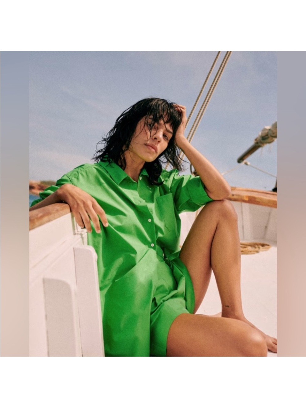 Sezane Organic Cotton Shirt Dress. Green. Maxine.